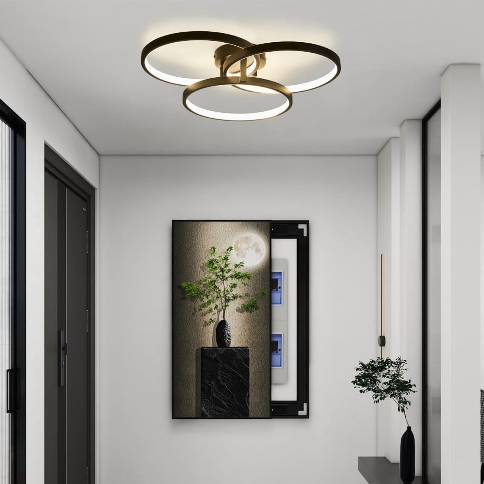 Modern Black LED Chandelier, 20-Inch 3-Ring Pendant Light Fixture, Flush Mount Ceiling Light for Dining Room, Kitchen Island, Bedroom or Living Room, Sleek and Energy-Efficient