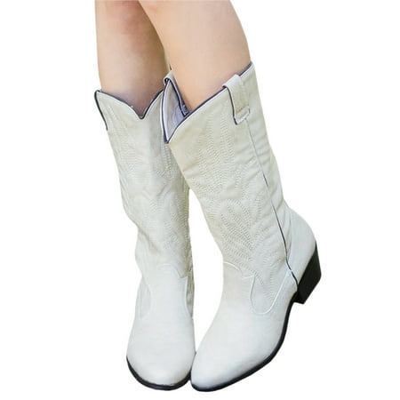 Women's Casual Cowboy Boots Mid Calf Vintage Pull On Cowgirl Low Block (Best Shoes For Big Calves)