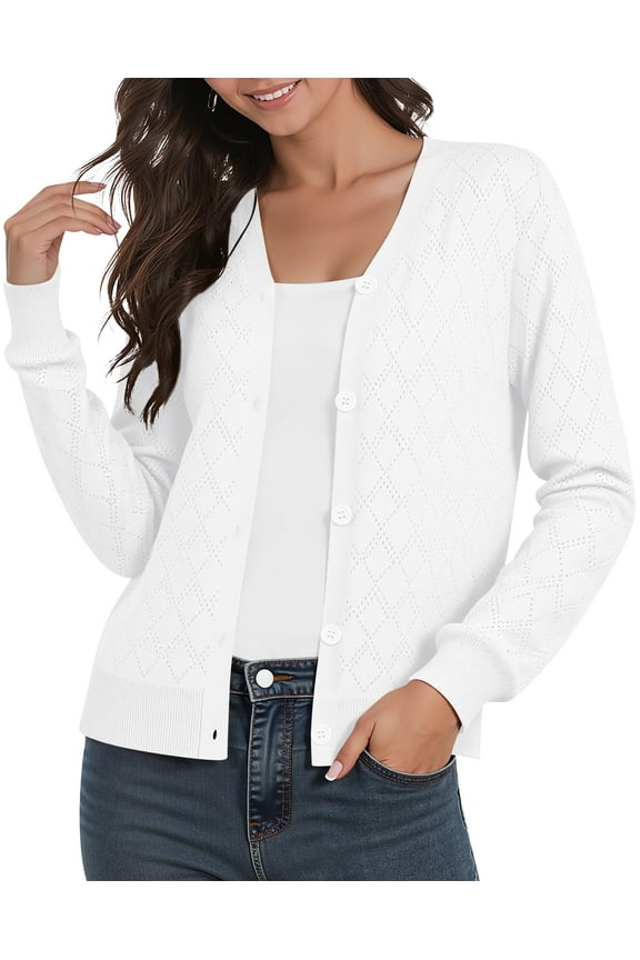 Women's Long Sleeve Cardigan Lightweight Crochet Diamond-Knit Sweater,White,M-3XL