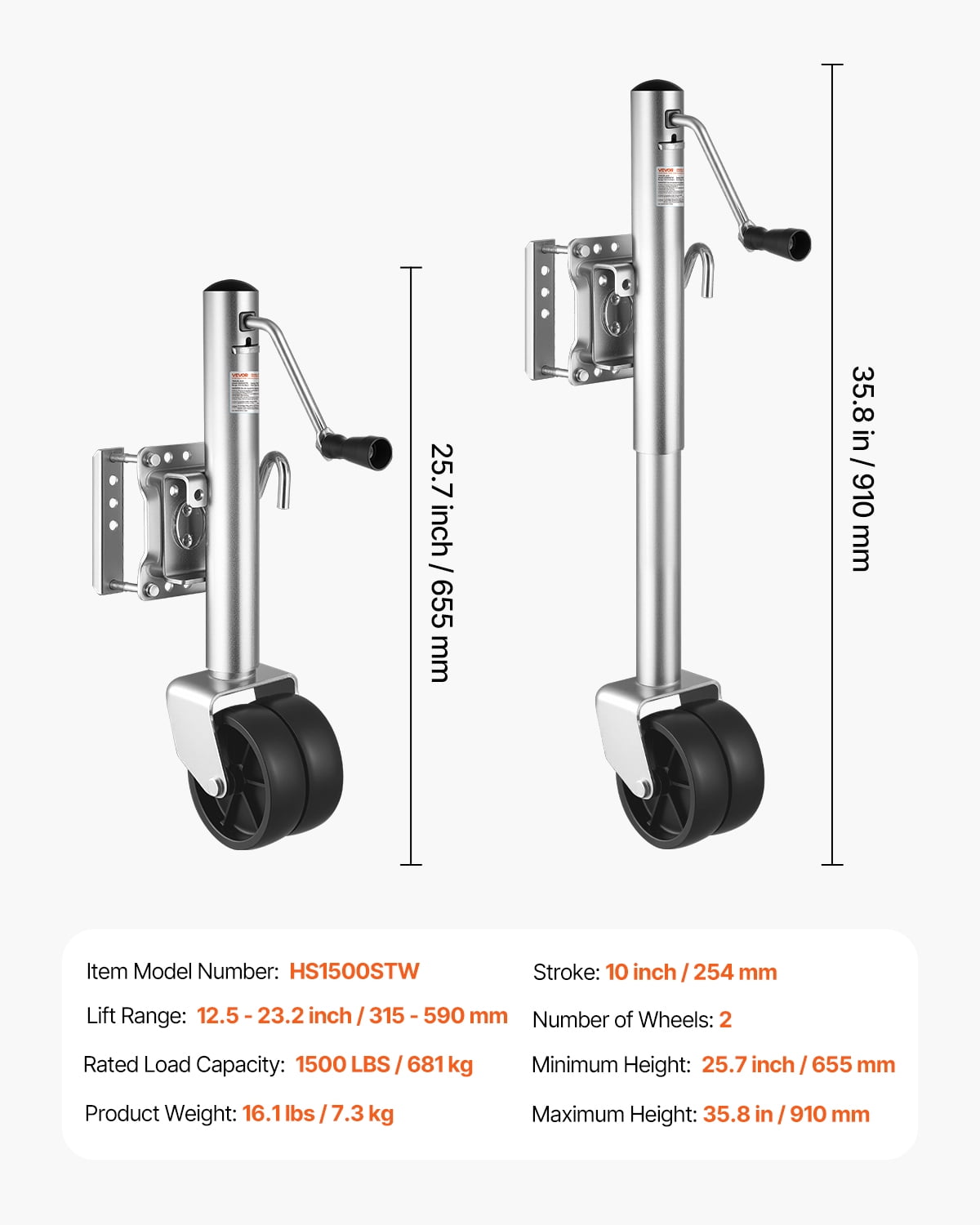 VEVOR Trailer Jack with Wheel, 1500 lbs Load Capacity, Heavy Duty Swivel Boat Trailer Jack with PP Single Wheel & Ergonomic Handle, 12-inch Lift, Fit for RVs, Boats, Horse Trailers, Utility Trailers