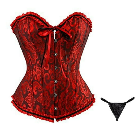 TrdSipl Corset Lingerie for Women Floral Trim Corset Bodysuit Vintage Satin Lace Waist Cincher Plus Size Boned Renaissance Costume Wine 2XL