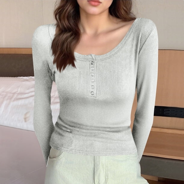Ailaofu Womens Tunic Shirts Long Sleeve Henley Shapewear Tops Ribbed Knit Base Layers Slim Fit Button Down Blouse