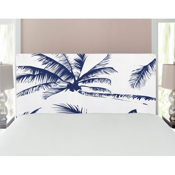 Psychedelic Headboard, Silhouette of Coconut Palm Tree with Psychedelic Details Dreamy Nature Theme Design, Upholstered Decorative Metal Bed Headboard with Memory Foam, Full Size, Indigo, by Ambesonne