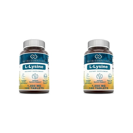 Nutri Essentials L-Lysine – 1000 mg 180 Tablets - Commonly Used for Cold Sores, Immune Support, Respiratory Health & More (Pack of 2)