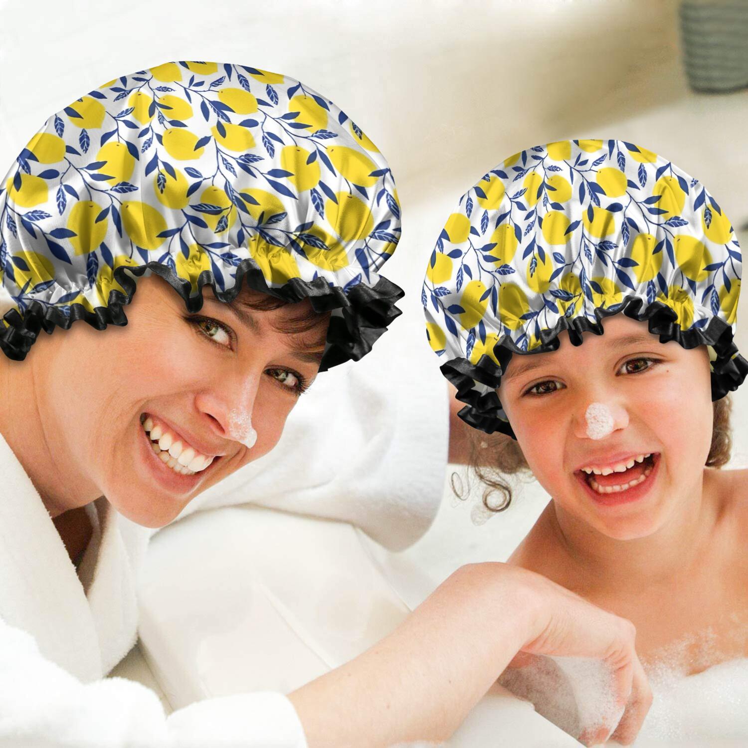 Shower Caps,Yellow Lemon Fruit Leaves White Pattern Waterproof Shower Cap for Women 4 Pieces,Double Reusable Hair Cover for Shower PEVA Elastic Stretch Hem