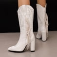 thumbnail image 3 of Fringe Cowboy Boots for Women Block High Heel Fashion Embroidery Pointed Toe Zip up Winter Dress Mid Calf Booties, 3 of 5