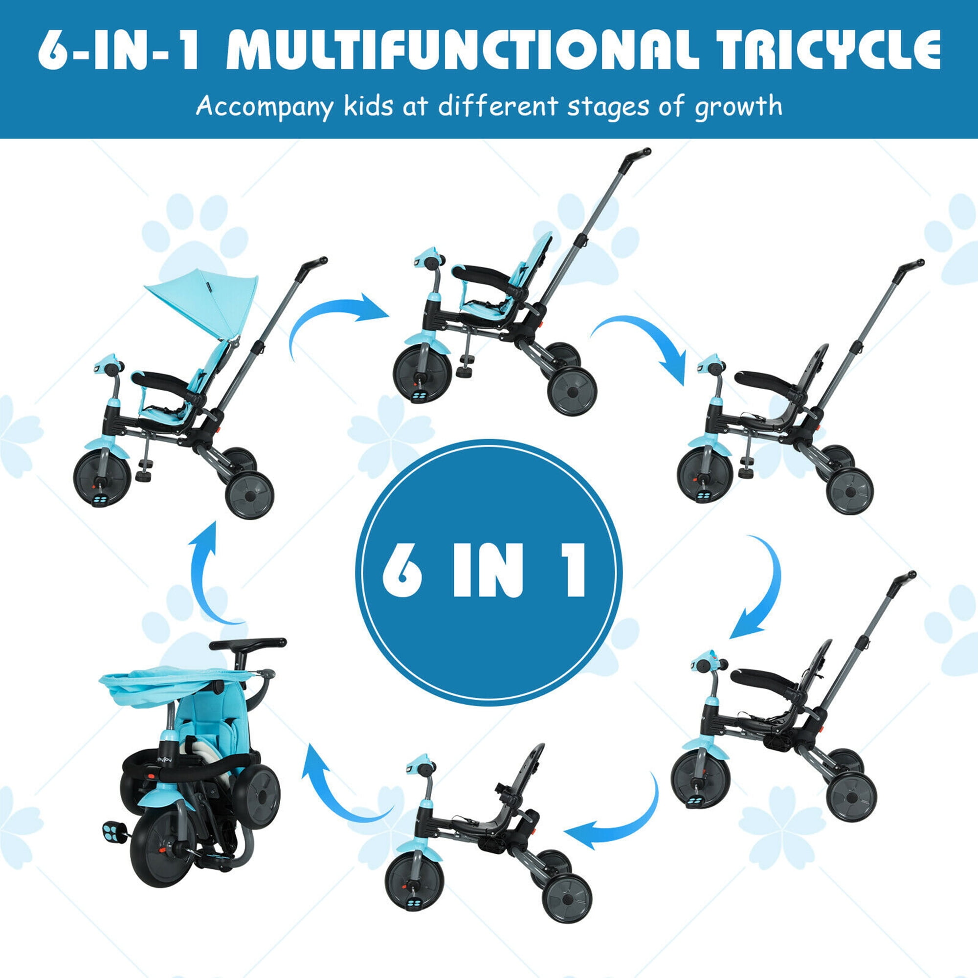 Gymax 6 in 1 Foldable Baby Tricycle Toddler Bike Stroller W Adjustable Handle Blue
