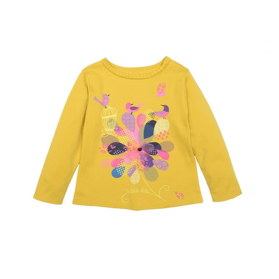 Kidsy Girls Pastel Colors Of Nature Graphic Printed Peruvian Cotton T-Shirt – Long Sleeve, Frill Crewneck – Marigold, 4
