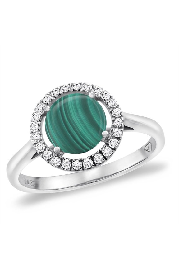14K White Gold Natural Malachite Halo Engagement Ring Round 8 mm, size 10
