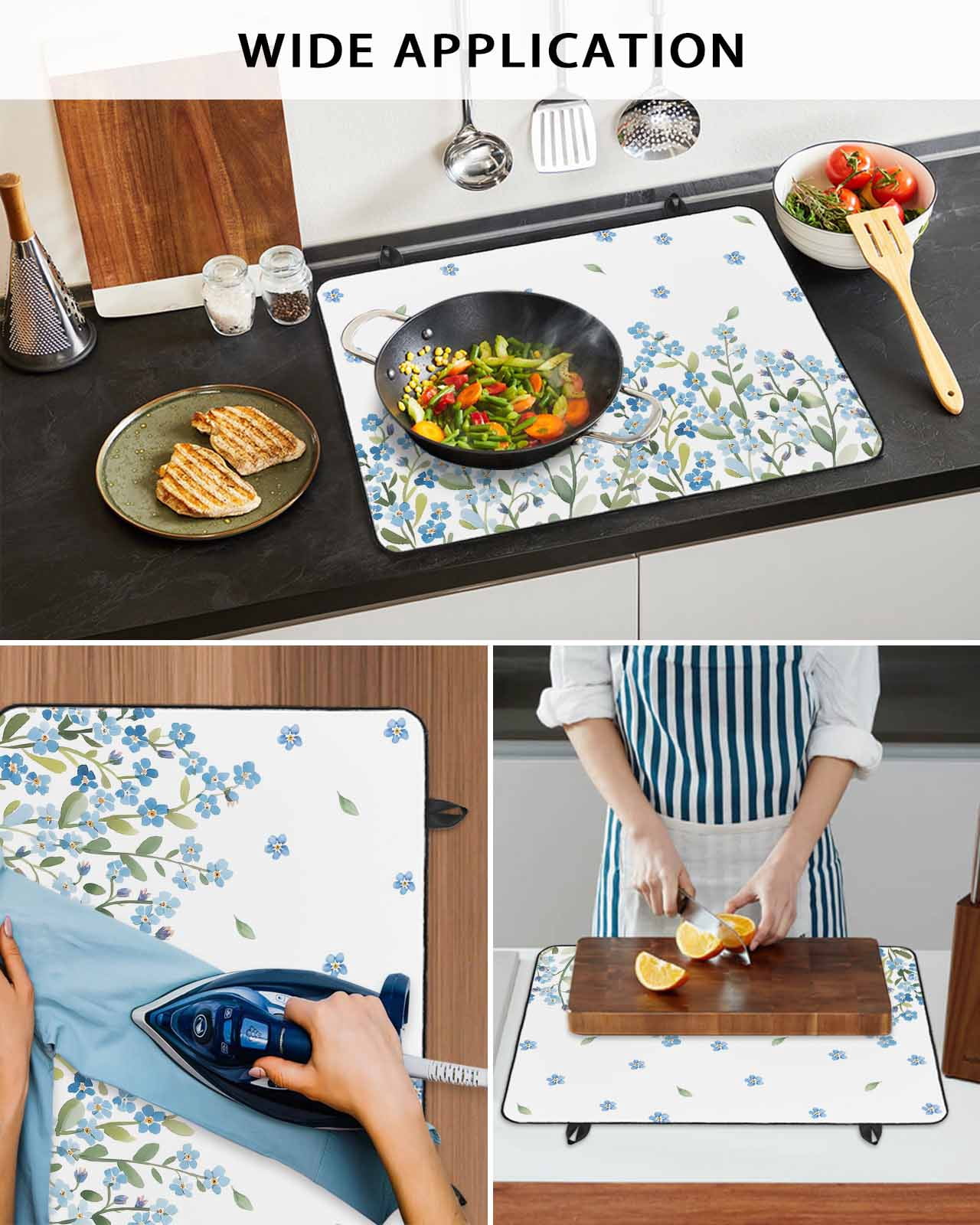 Large Induction Cooktop Protector Mat Spring Blue Flowers Stove Top Covers for Electric Stove, Leaves Country Plants Farmhouse Decorative Stove Burner Cover Mats, Glass Top Stove Cover