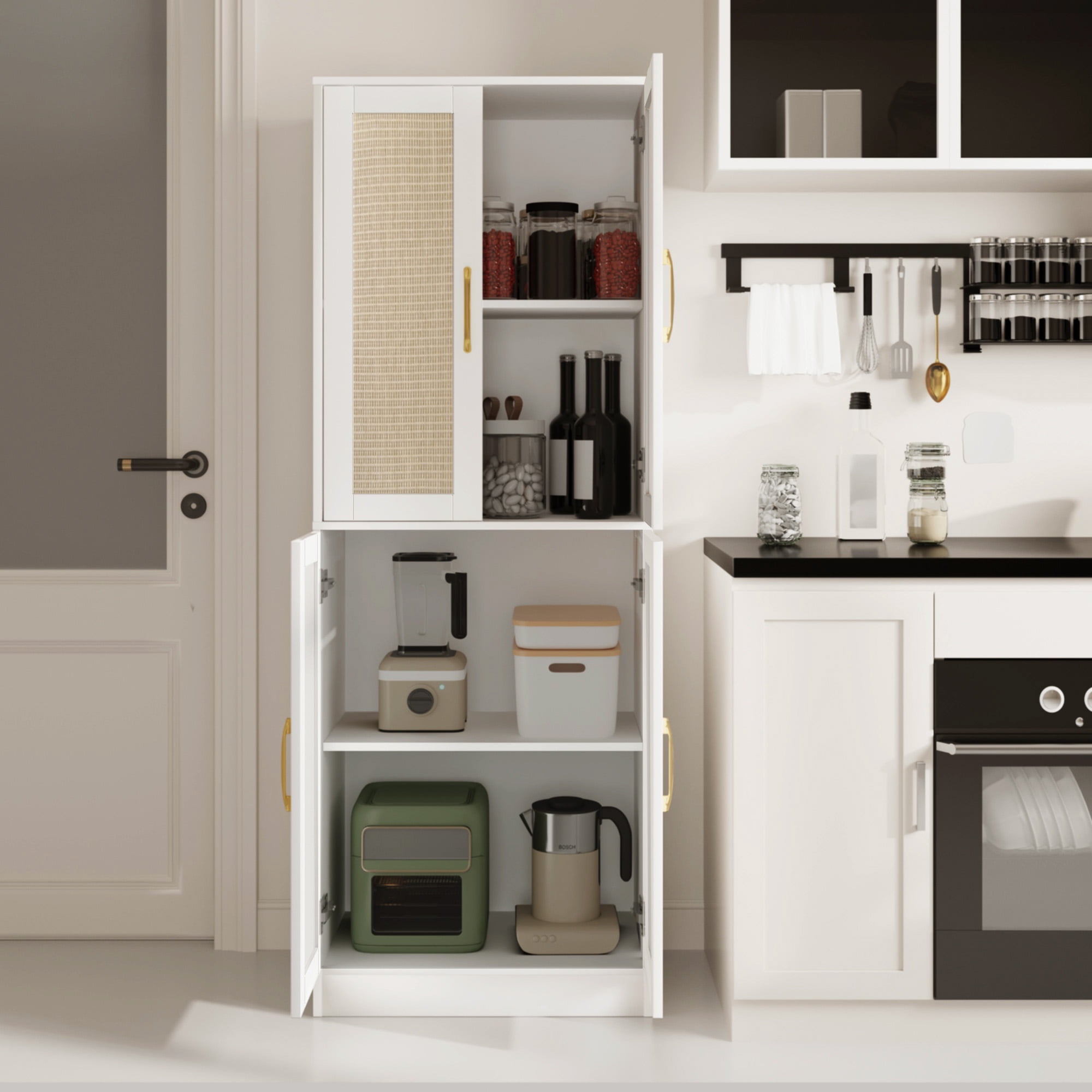 BOCVKENN Storage Cabinet - Kitchen Pantry Cabinet, Tall Pantry Storage Cabinet Freestanding with 4 Rattan Doors and Adjustable Shelves, Cupboard Cabinet for Dining Living Room, Laundry, Bathroom