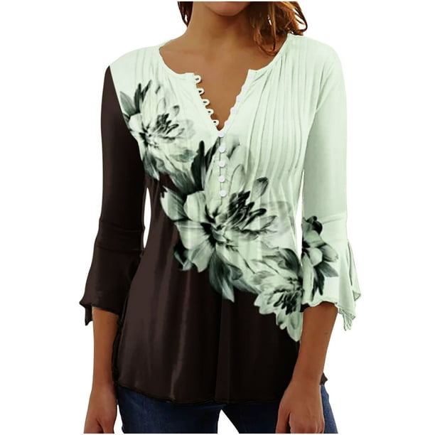 Blusa de verano para mujer con estampado de pliegues sexy y mangas 3/4 con cuello en V y botones OAVQHLG3B Store lin121212