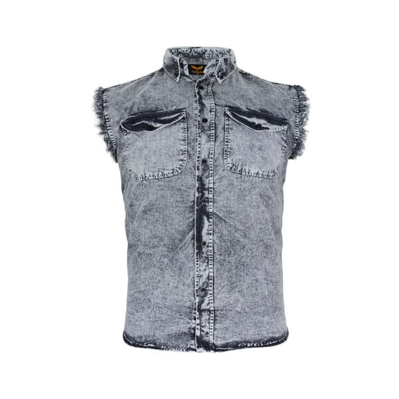 Dream Apparel Men's Biker Cuttoff Vest Denim/Cotton Shirt with Vintage and Frayed Sleeveless Look 2 Front Pockets