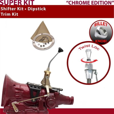American Shifter 4L60 Shifter Kit Chrome 8 in. Trim Kit Dipstick Push Button Tan Boot Billet Knob for ED6AA