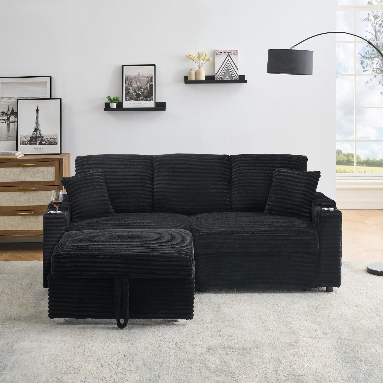 Leumius Modern Sleeper Sofa with Pull-Out Bed,Corduroy Multi-Function Sofa with Hidden Reclining,Cup Holders and Removable Footstool for Living Room,Black