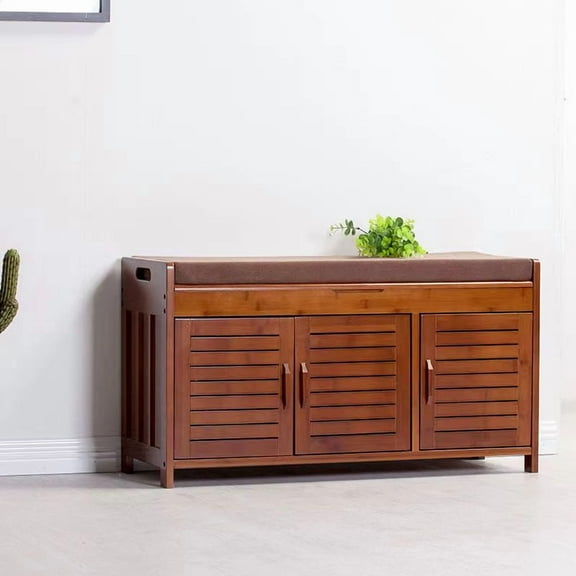 Wilk 2-Tier Storage Bench,Shoe Bench with Padded Seat Cushion, Entryway Bench with 2 Barn Doors, Hidden Storage, 38.5" L x 14.4" W x 19.7" H, for Entryway, Living Room, Bedroom,Brown