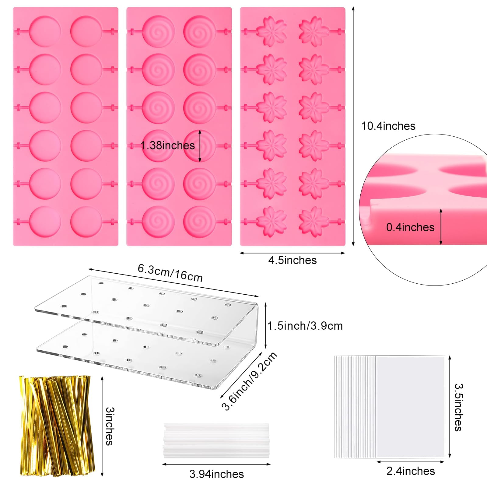 304Pcs Silicone Lollipop Molds Kit, Plutput Lollipop Maker Molds Set Pink Cake Pop Mold Kit for Chocolate Silicone Mold with 15 Holes Acrylic Lollipop