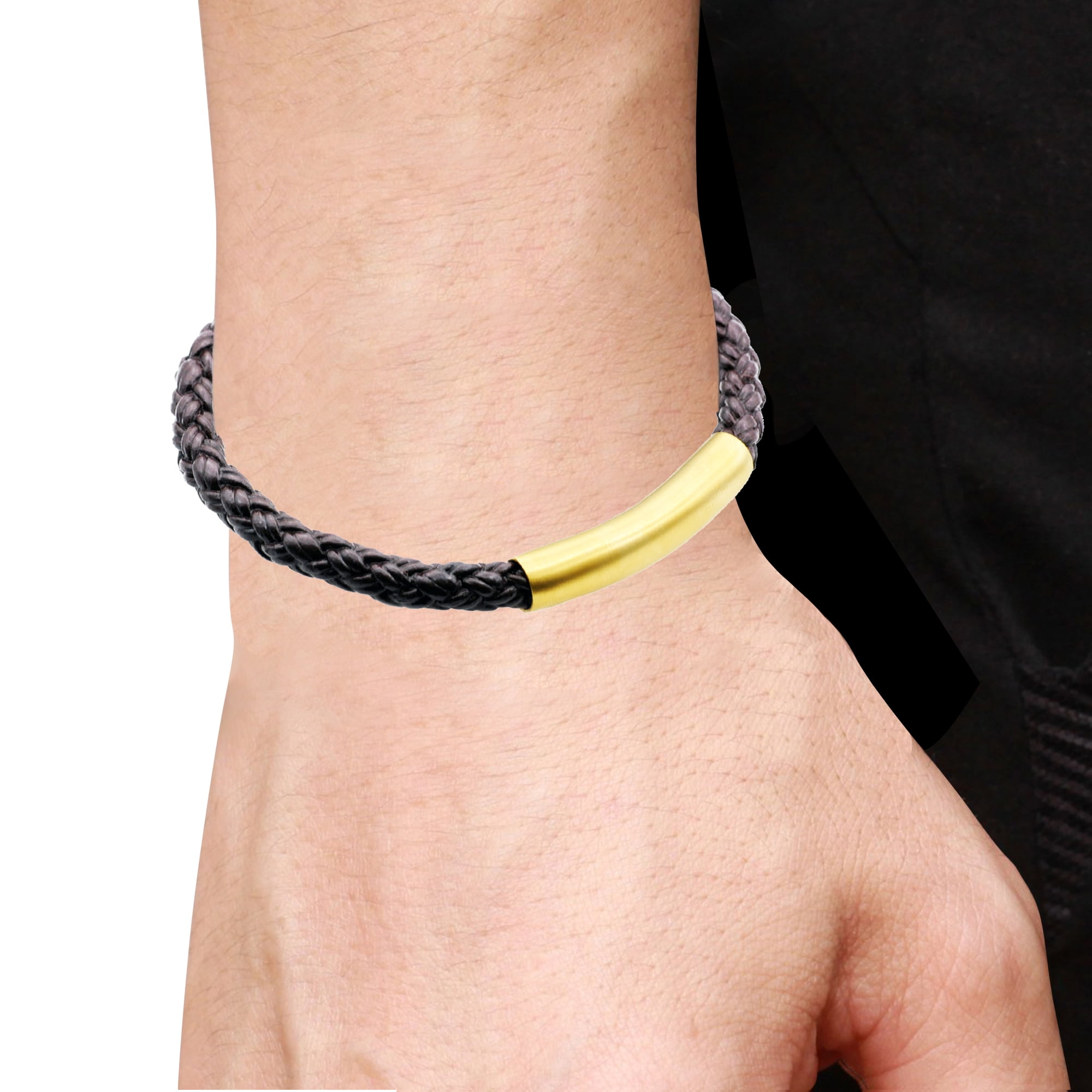 Arista Men's Brown Leather Bracelet in Gold Plated Solid Stainless Steel, 8.5"