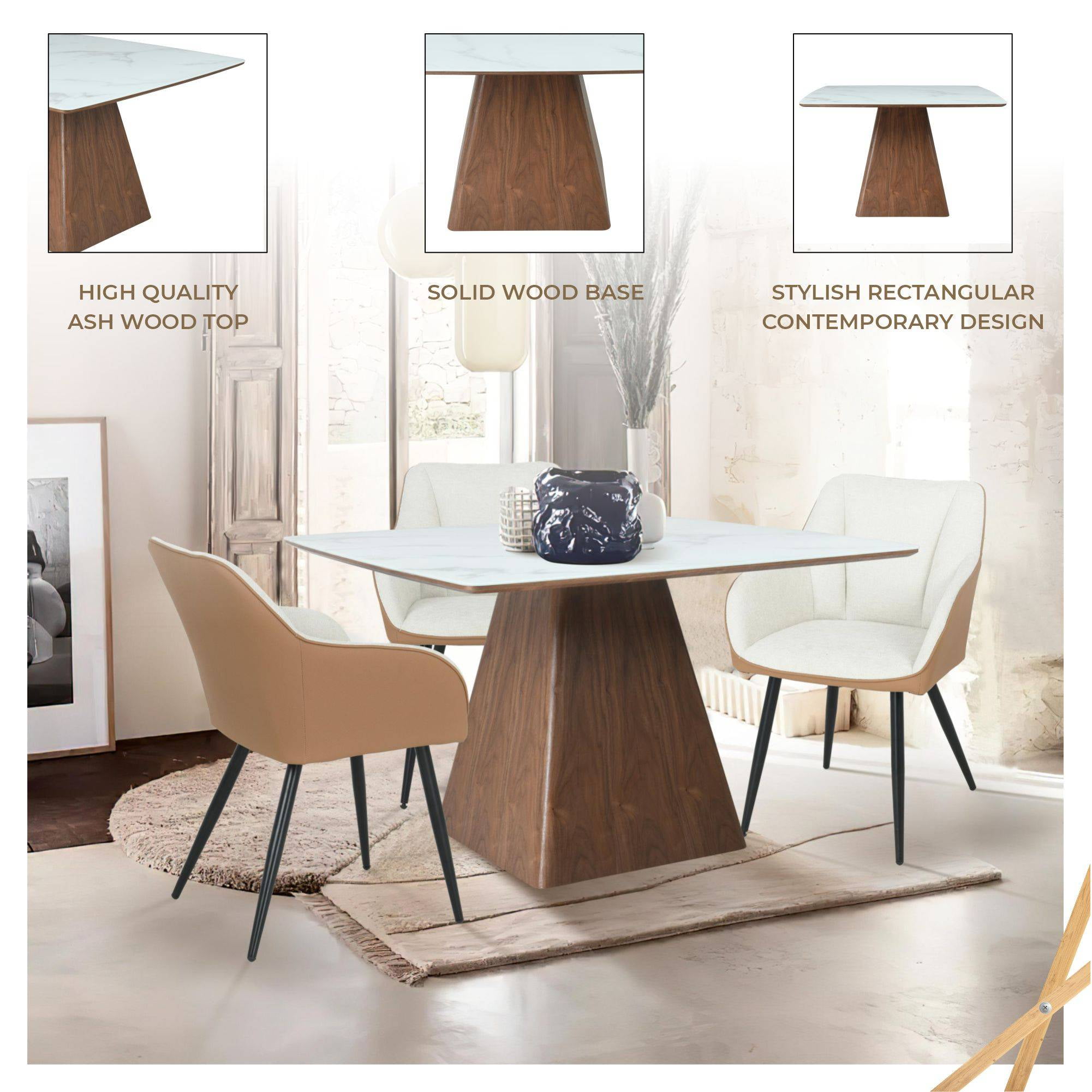 LeisureMod 47" Square Dining Table with Sintered Stone Top Ash Wood and Iron Pedestal Base Easy Assembly Seats 4 Person for Kitchen, Office, and Cafes Zephry Collection in White