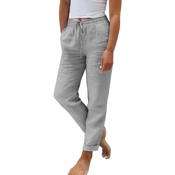 Pantalones elásticos de cintura alta y pierna ancha para mujer - Algodón y lino, color liso retro, para todas las estaciones, corte recto holgado, lavado a máquina/a mano, tallas S-XXL