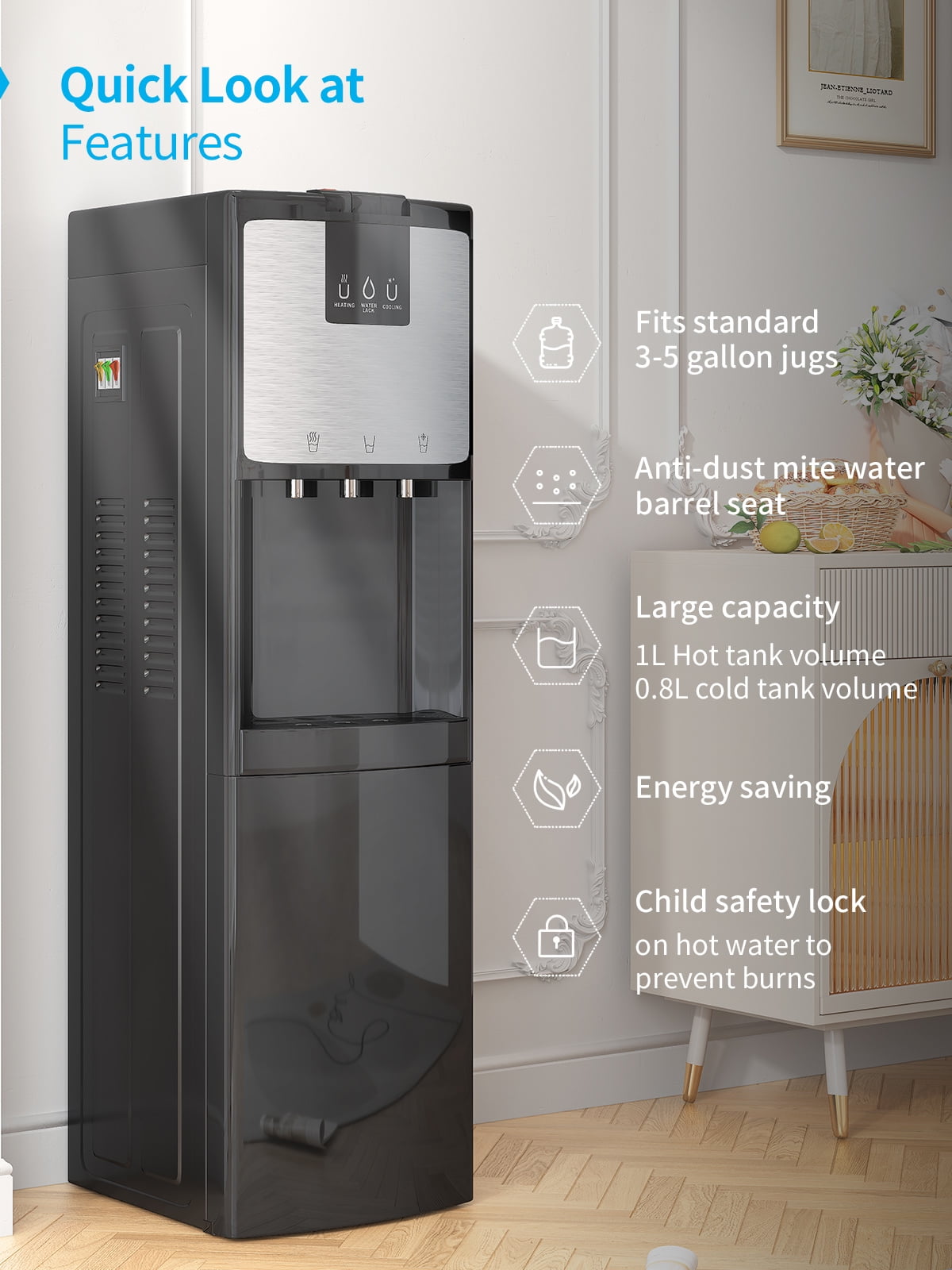 Muhub Bottom Loading Water Dispenser,Hot/Cold/Room Temperature,Holds 3 or 5 Gallon Bottle (Black)