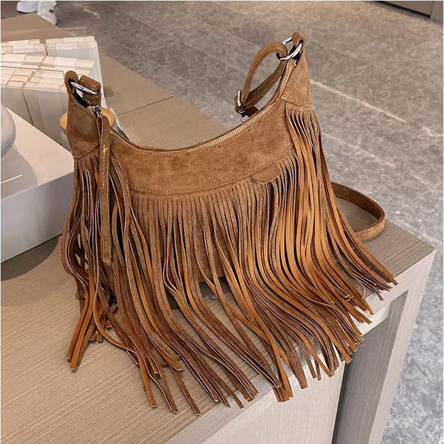 Women Fashion Fringe Purse Crossbody Bags Vegan Suede Hippie Tassel Hobo Shoulder Bag Vintage Handbags