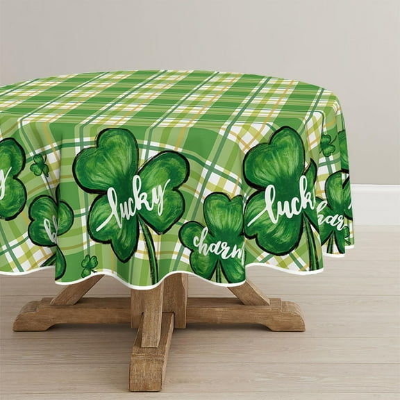 St. Patricks Day Tablecloth 60×60 Inch Round, Green Buffalo Plaid Shamrock Rural Style Washable Seasonal Table Cover for Party Picnic Dinner Decor