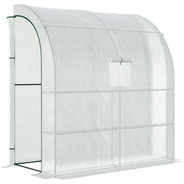 Outsunny 7' x 3' x 7' Outdoor Lean-to Greenhouse, Plant Gardening Green House with Roll-up Mesh Windows, Zipper Door and 3-Tier Shelves, White