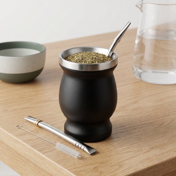 Yerba Mate Cup Set – 304 Stainless Steel Double-Wall Insulated Gourd with 2 Bombillas & Cleaning Brush – Heat Retention Tea Cup for Hot & Cold Beverages