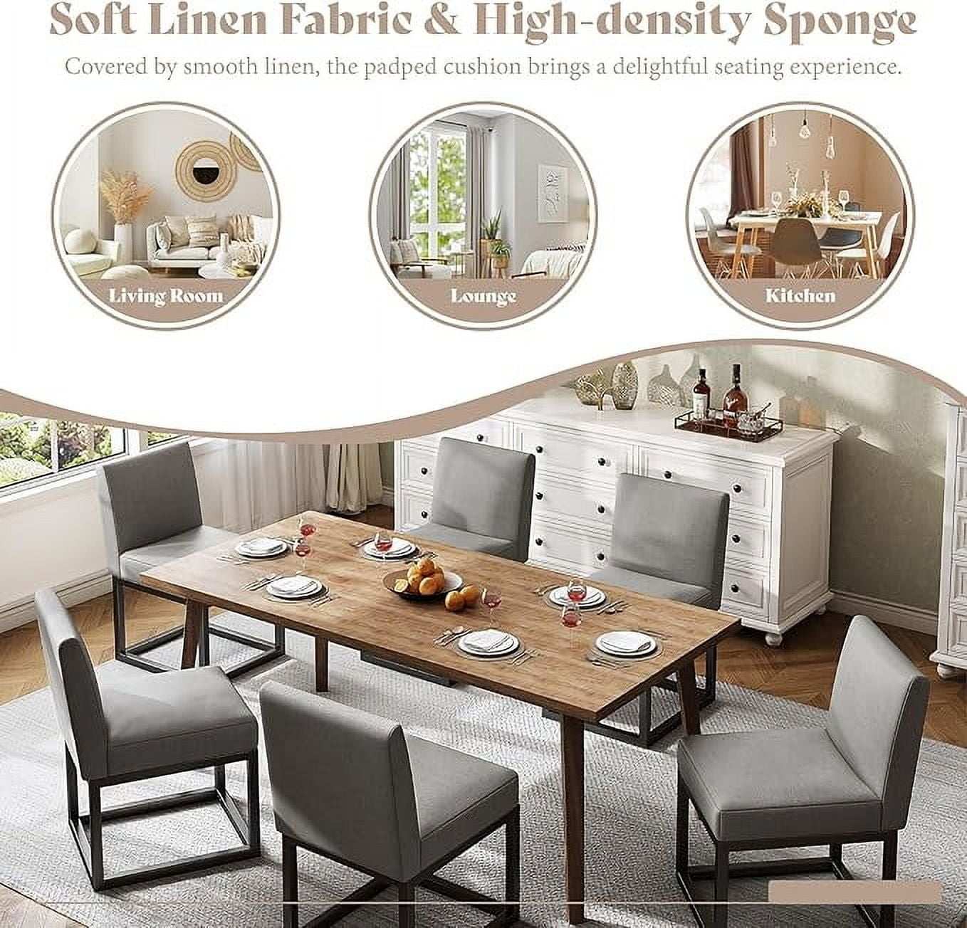 Merluxy Mid Century Linen Dining Chairs Set of 6, Modern Upholstered Dinner Chairs with Metal Frame for Restaurant, Dining Room, Kitchen, Grey Padded Chairs