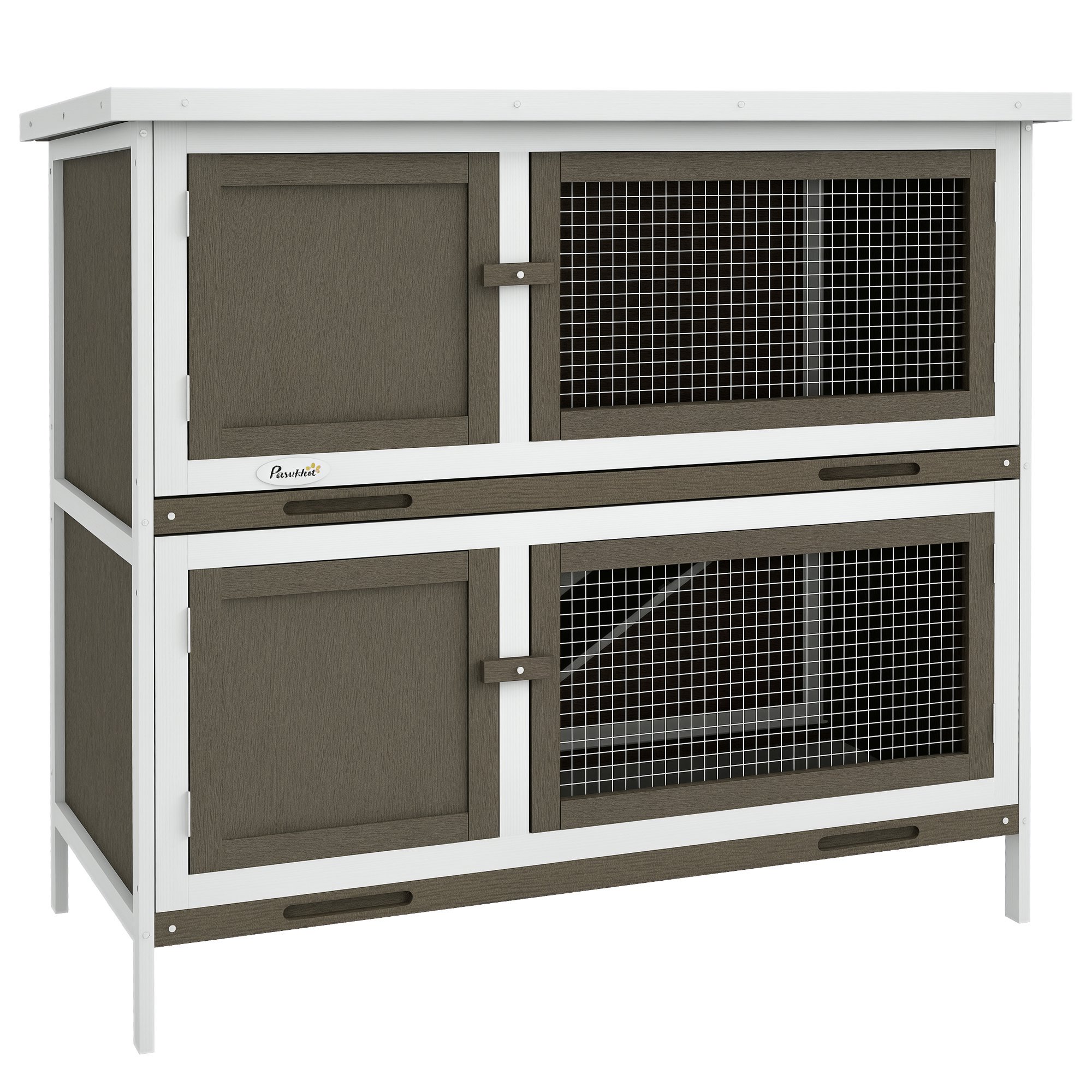 Fir Wood Rabbit Hutch 2 Story Indoor Outdoor Cage w/ Asphalt Roof & Removable Trays - Brown, 97x44x91cm