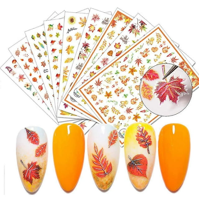 Fall Nail Art Stickers Fall Leaf Nail Art Supplies Fall Nail Decals 8Pcs Autumn Leaf 3D Self-Adhesive Nail Decorations for Fall Nail Art Stickers for