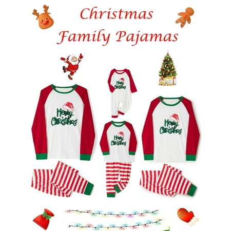

Christmas Family Matching Pajamas Sets Santa Hat Pullover Tops + Striped Pants Xmas Holiday Party Sleepwear for Parent-child