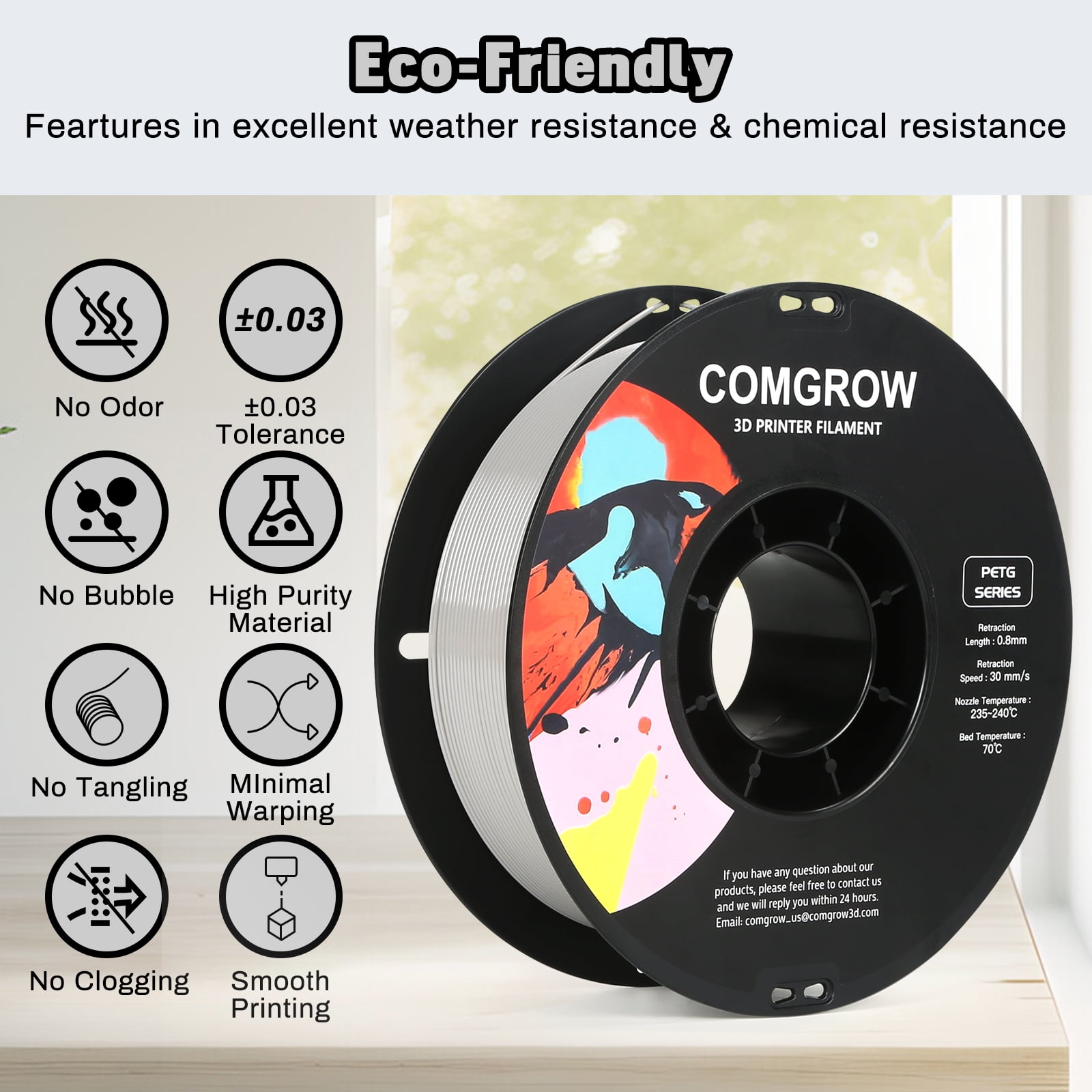 Comgrow PETG 3D Printer Filament-3D Printer Material 1.75mm Dimensional Accuracy +/- 0.02 mm, 1KG/2.2LB-Grey