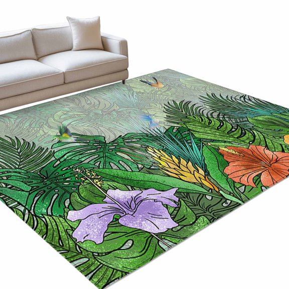 Area Rug 3x5ft Monstera Floral Bird Washable Area Rugs for Living Room Nature Green Palm Non Slip Floor Carpet Mat for Kitchen Entryway Bathroom Office Home Decor