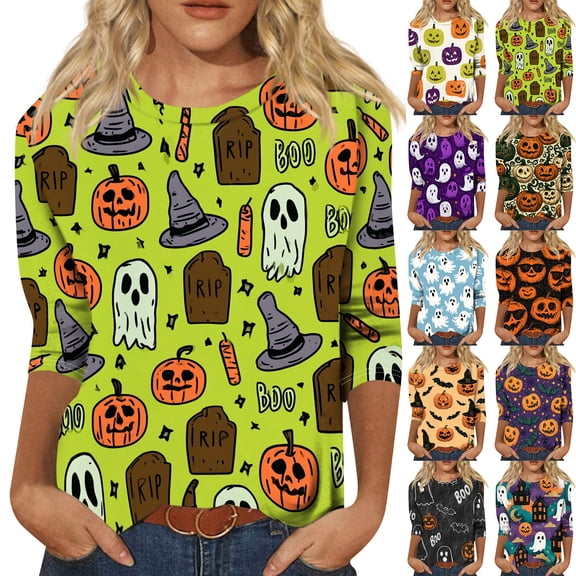 Halloween Tshirts Women Plus Size 3/4 Sleeve Halloween Shirts Ghost Pumpkin Print Fall Holiday Halloween Tops