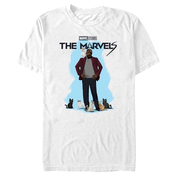 Men's The Marvels Nick Fury and Cats Graphic Tee White Medium