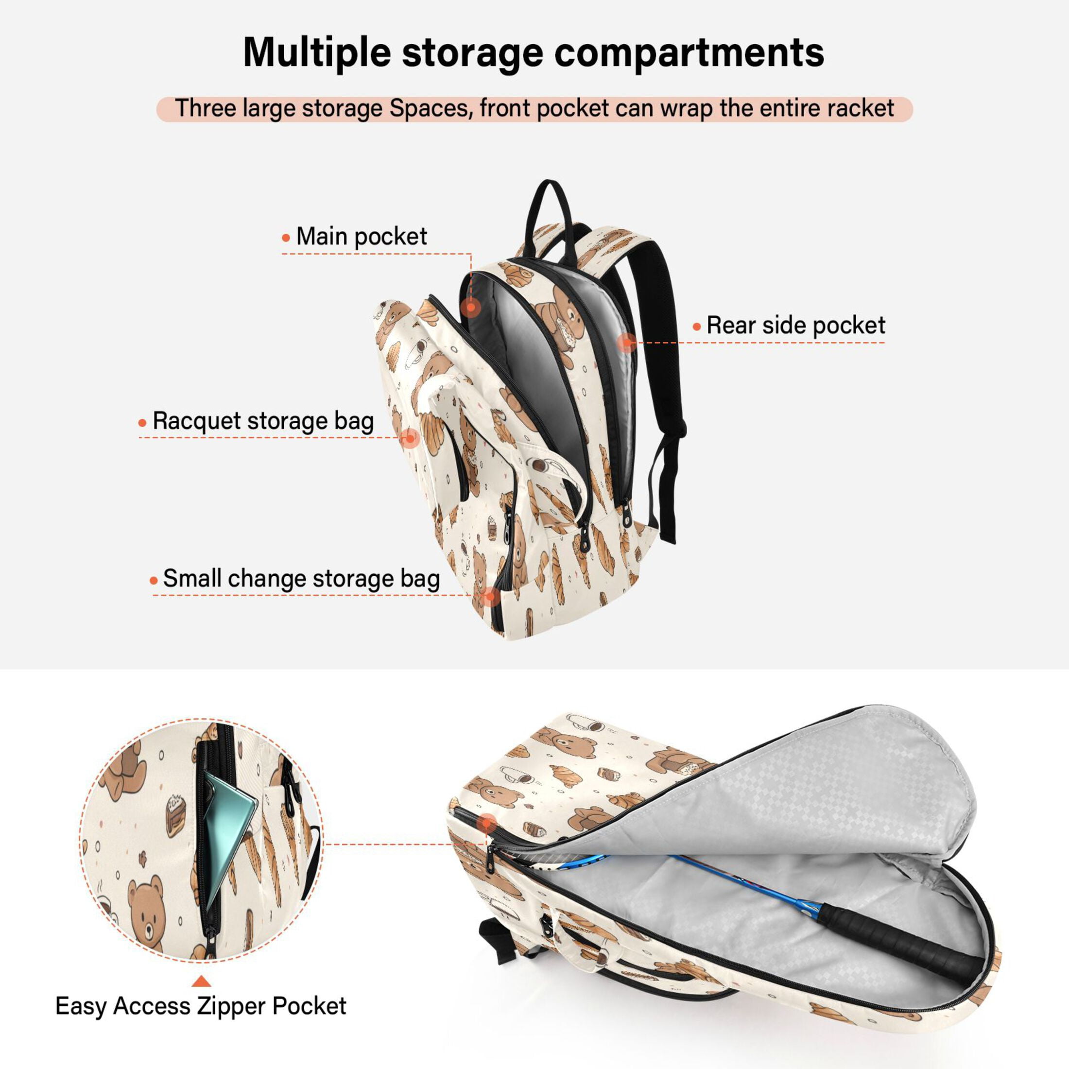2 Racquet Holder Tennis Backpack Tennis Racket Covers Gym Bags Cute Teddy Bear