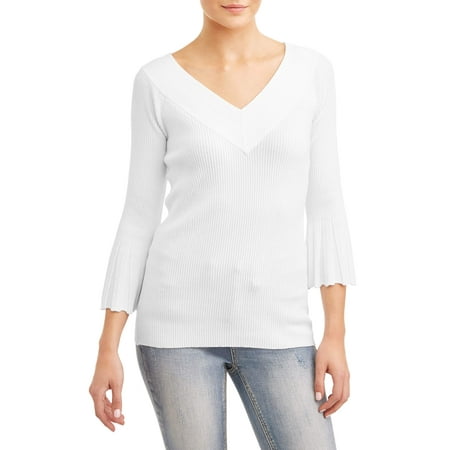 Fleece Ribbed Sweater - Women's Ribbed Pleat Sleeve Sweater