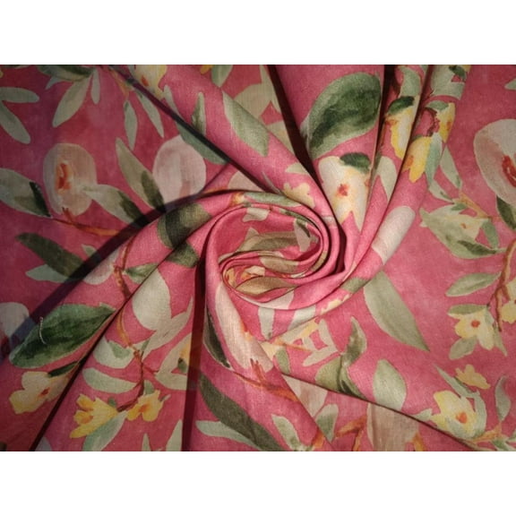 100% Linen watermelon pink with pastel yellow green Floral Print Fabric 44" wide [15423]