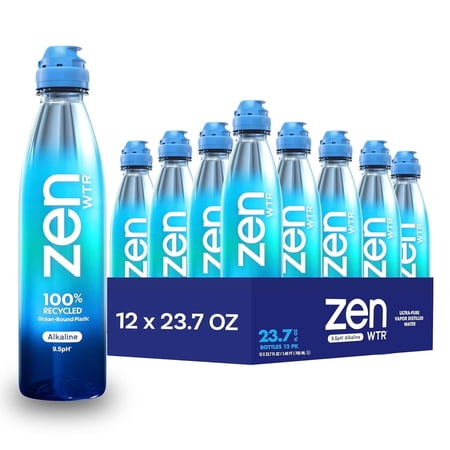 ZenWTR Ultra-Pure, Vapor Distilled Water, 23.7 Oz (Pack of 12) Bottled Water, 9.5 pH Alkaline Water with Electrolytes for a Crisp, Refreshing Taste