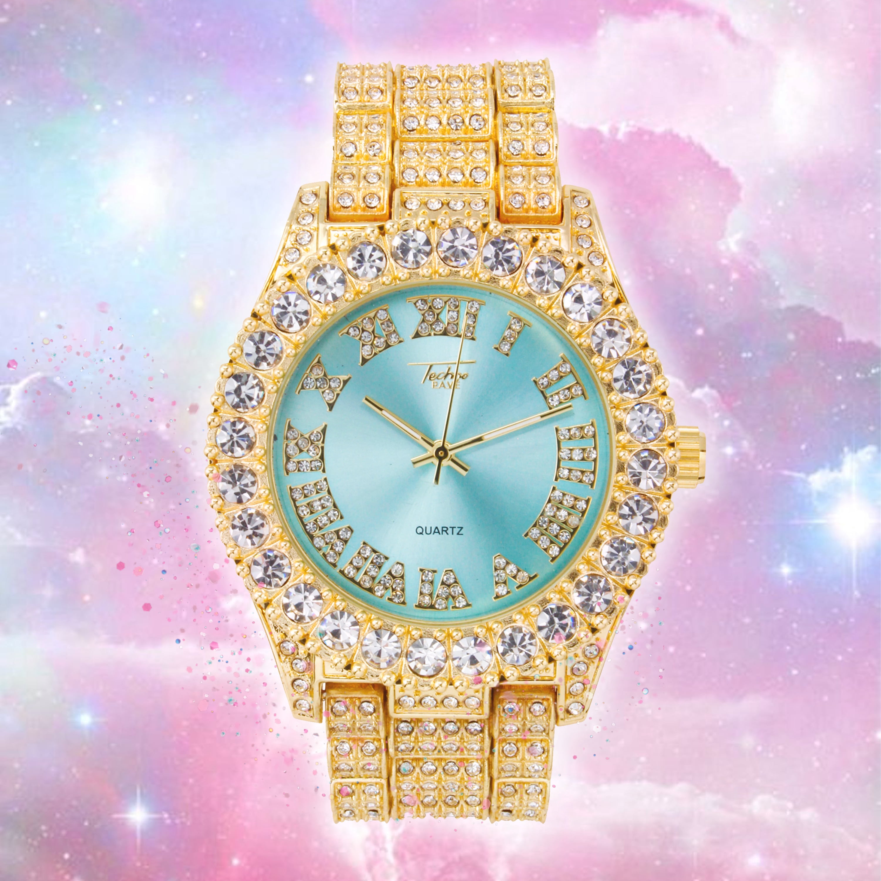 Women's 44mm Solitaire Bezel Watch - Bling-ed Out Adjustable Band - 14k Gold Tone Finish with Ravishing Crystals - Simulated Diamond Watch with Roman Dial