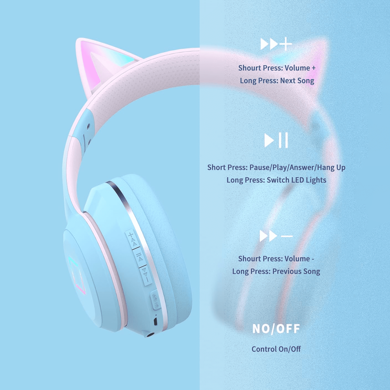 New Gaming Cat Ear Headphones LED Lights Headset Cute Wireless Bluetooth 5.0 School Teen on Ear for Computer | Laptop | Plane Travel