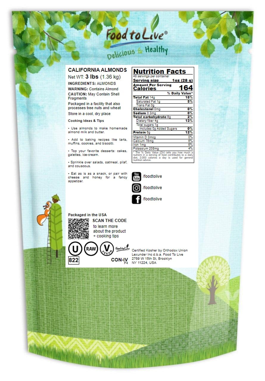California Almonds, 3 Pounds — Kosher, Raw, Vegan — by Food to Live