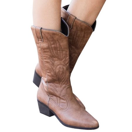 

Women s Casual Cowboy Boots Mid Calf Vintage Pull On Cowgirl Low Block Shoes