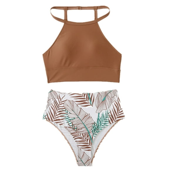 SWSMCLT Women's Slimming Bikini Set Two Piece Swimsuit Sexy Bikini Beach Tropical Cheeky Halter Printed Coffee 14