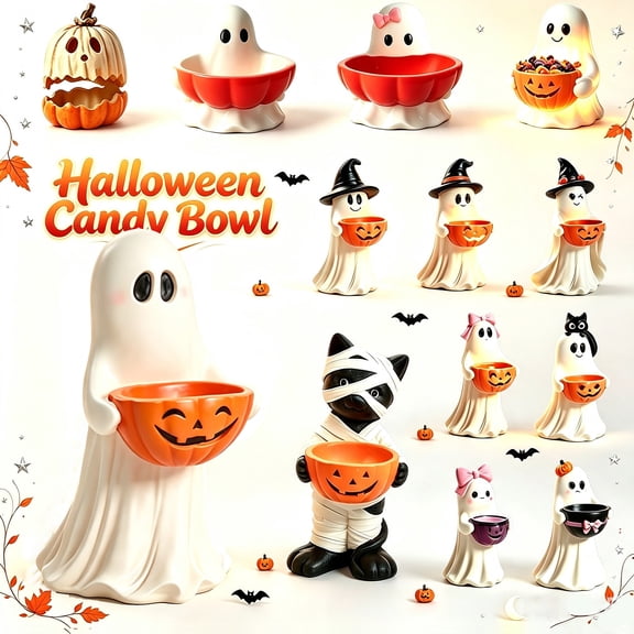 WKSCLPAI Cute Halloween Ghost Candy Bowl Decor, Adorable Pink Bow Ghost Statue, Candy Dish Ghost Serving Tray Halloween Tabletop Decoration Cookie Jar for Party Supply, 4in