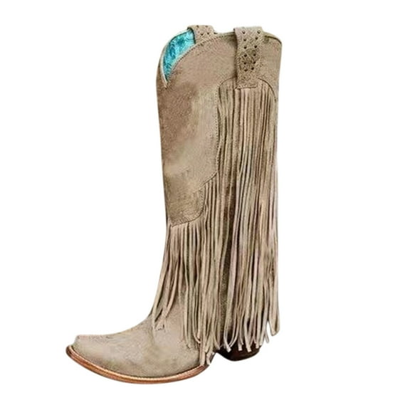 YLYL Cowboy Boots for Women Fringe Knee High Cowgirl Western with Classic Embroidery Pointed Toe Heel Weddings Parties