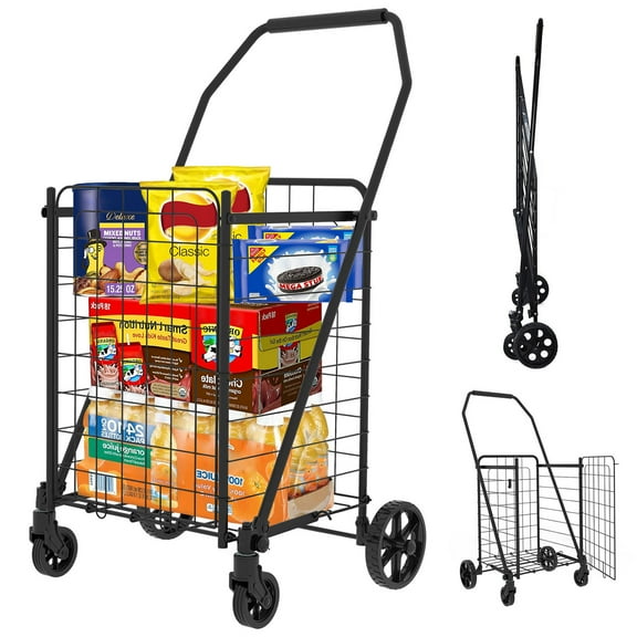 Foldable Utility Shopping Cart with Open Door Design, Basket Feature, 360° Rolling Swivel Wheels for Groceries and Laundry Use