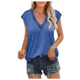 thumbnail image 2 of Usmixi Womens Tops Solid Short Sleeve V-Neck Tee Shirts Summer Lace Trim Breathable Soft Loose Workout Tops Blouses Blue M, 2 of 6